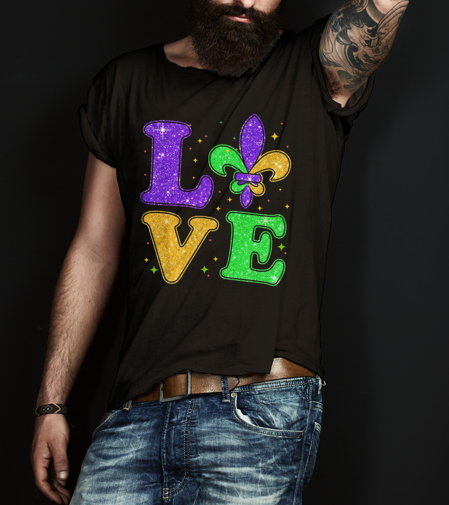 Love Mardi Gras Fleur De Lis Glitter T-Shirt