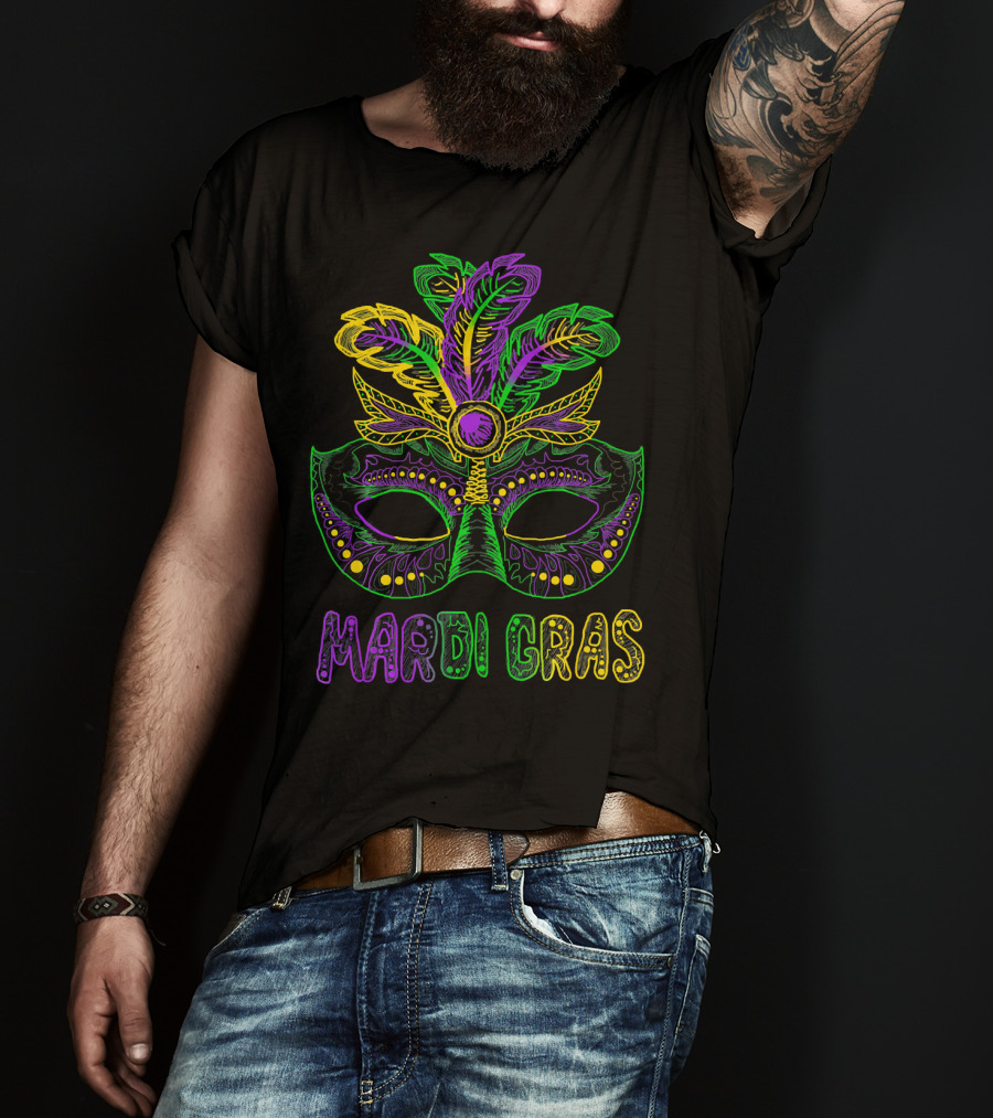 Mardi Gras Mask With Colorful Feather T-Shirt