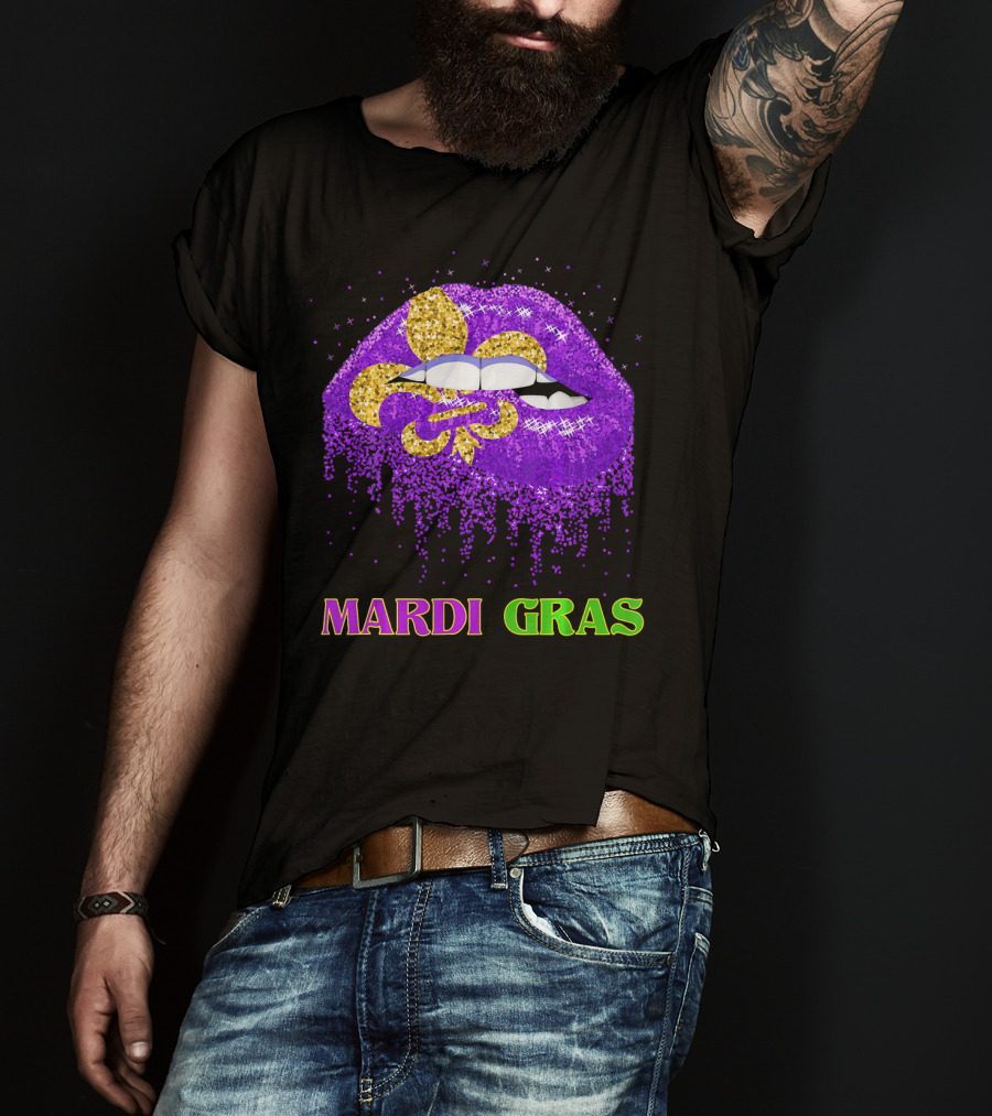 Mardi Gras Costume Funny Lips Glitter Fleur-de-lis T-Shirt