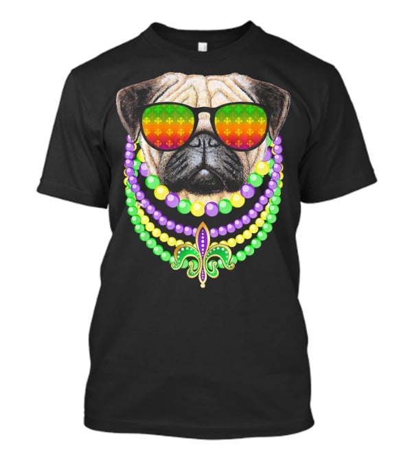 Pug With Beads And Sunglasses Fleur-de-Lis Mardi Gras T-Shirt