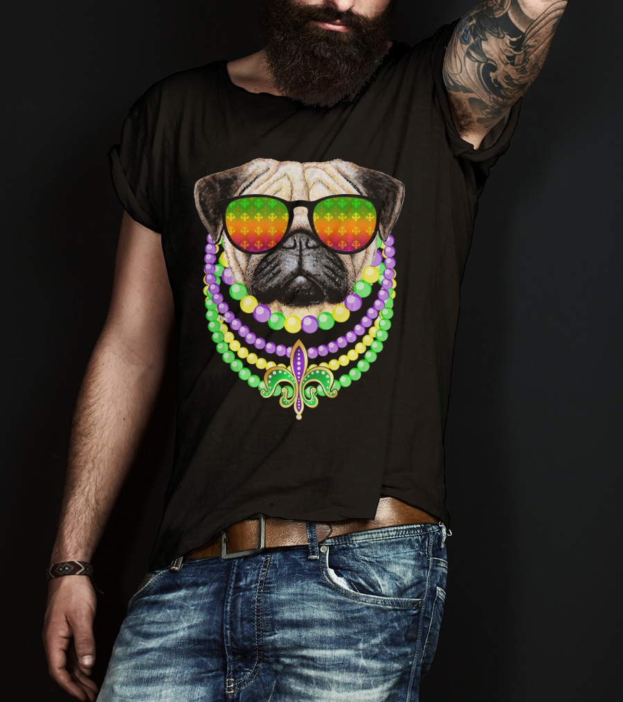 Pug With Beads And Sunglasses Fleur-de-Lis Mardi Gras T-Shirt