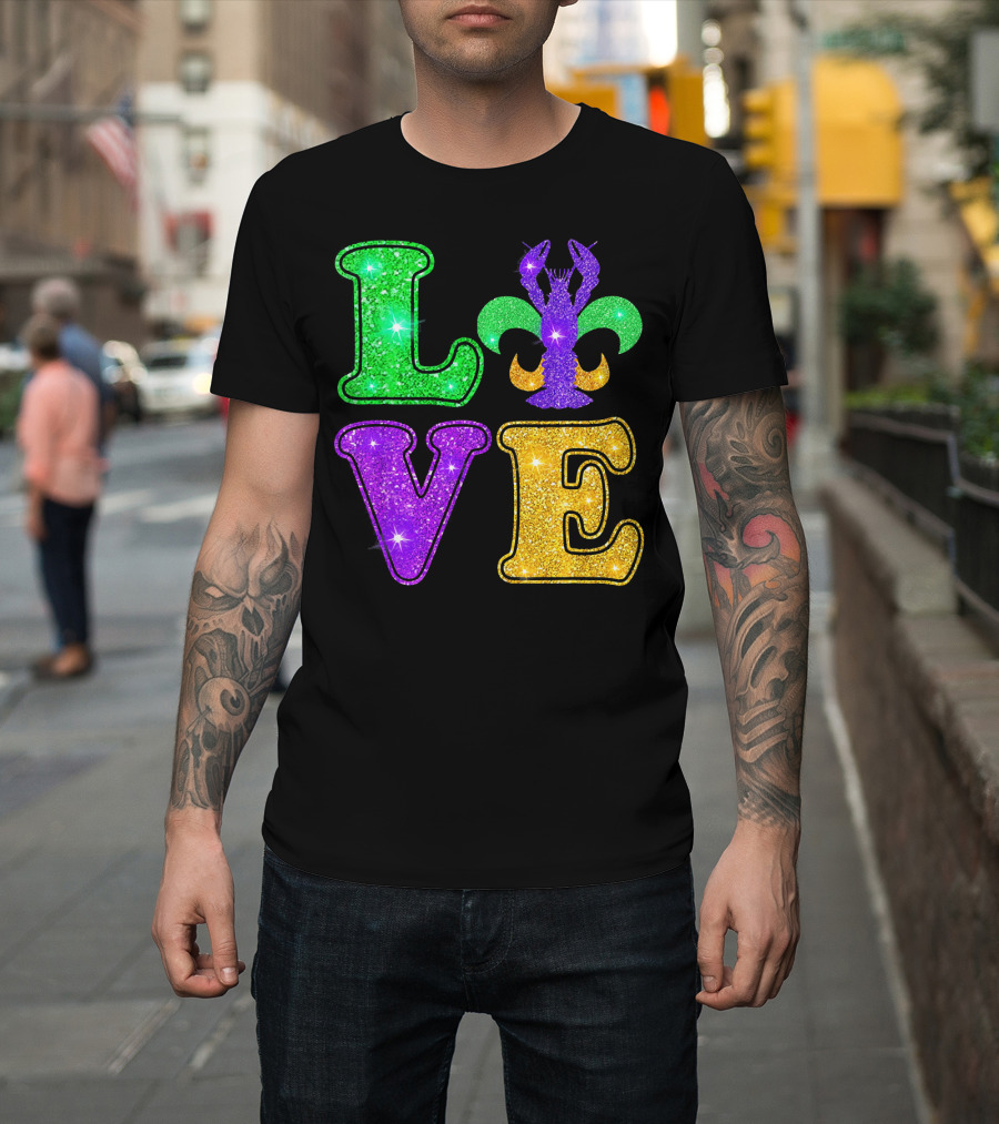 Mardi Gras Love Glitter Fleur De Lis Crawfish T-Shirt