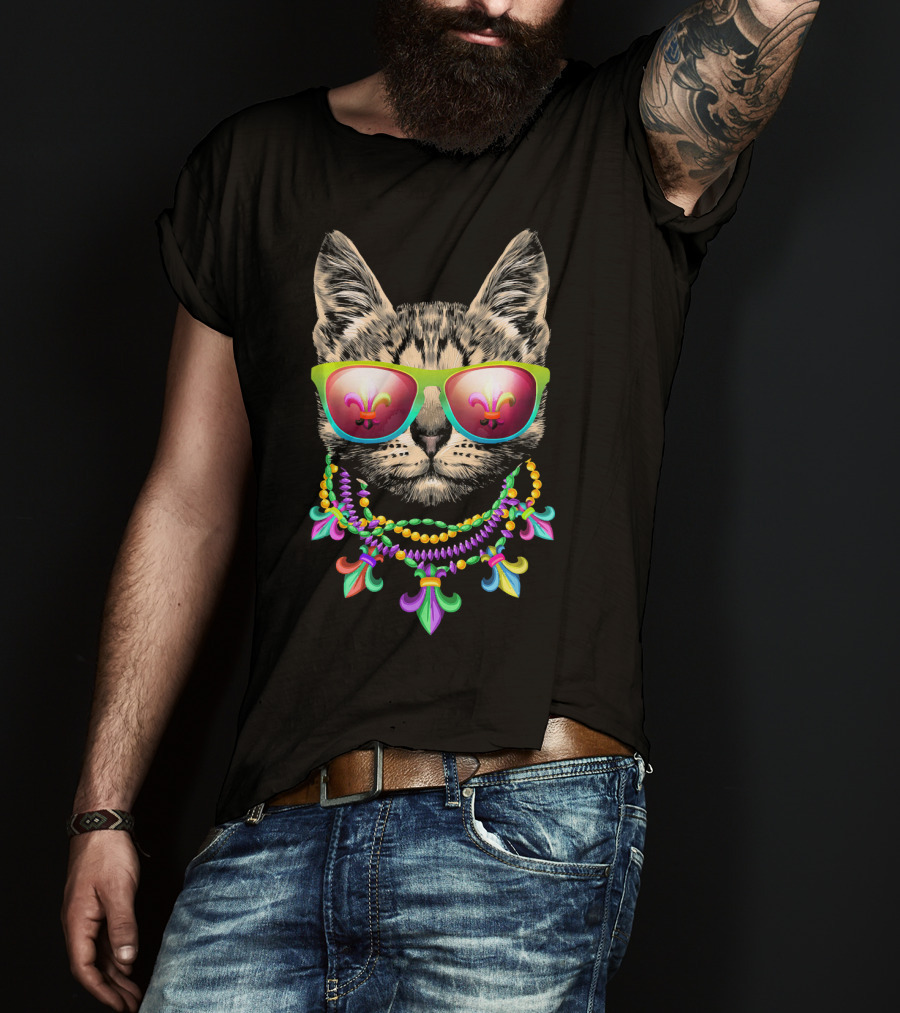Mardi Gras New Orleans Cat Wearing Funny Fleur-de-Lis Beads And Mask T-Shirt