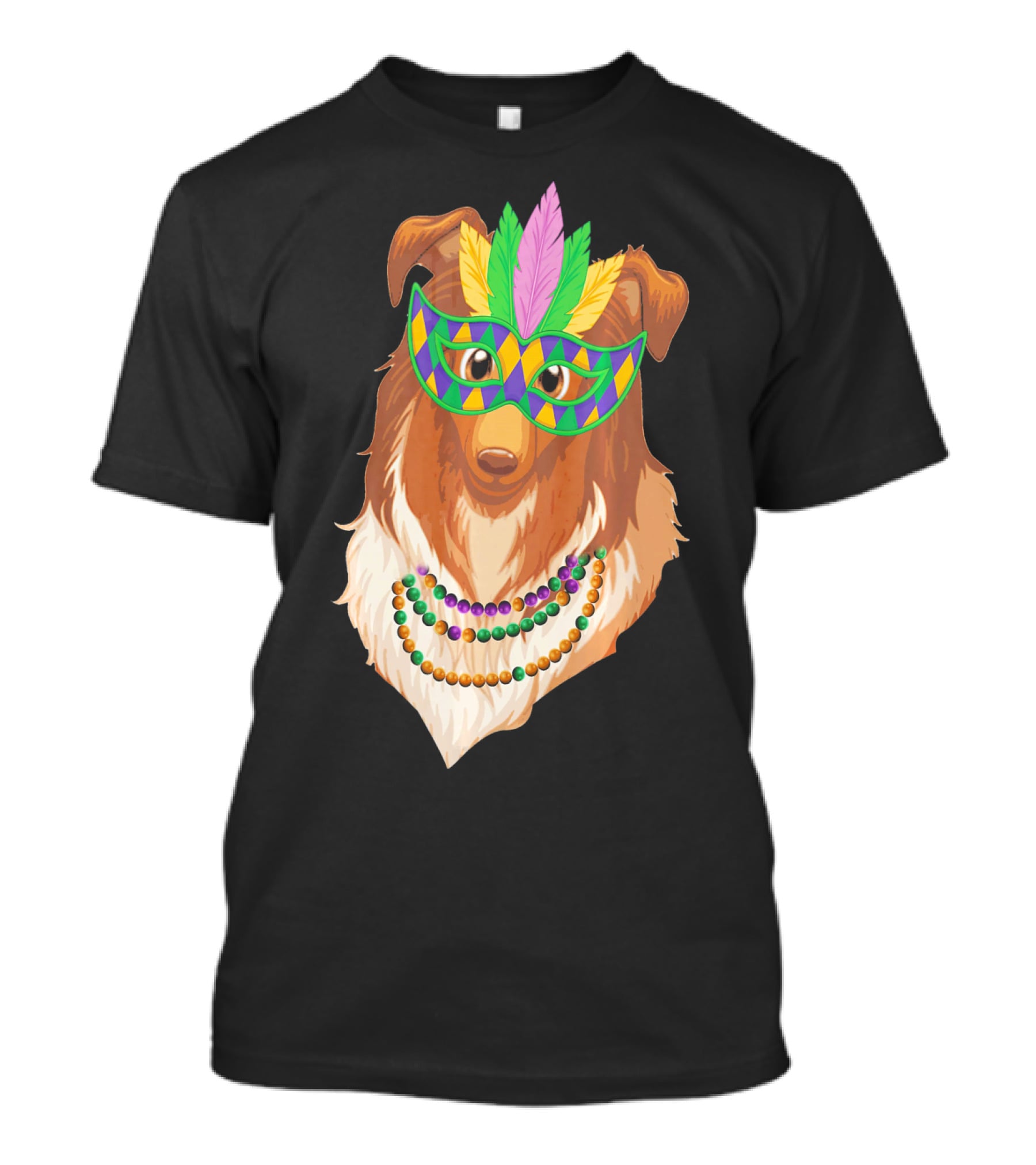 Collie Wearing Mardi Gras Mask And Beads T-Shirt