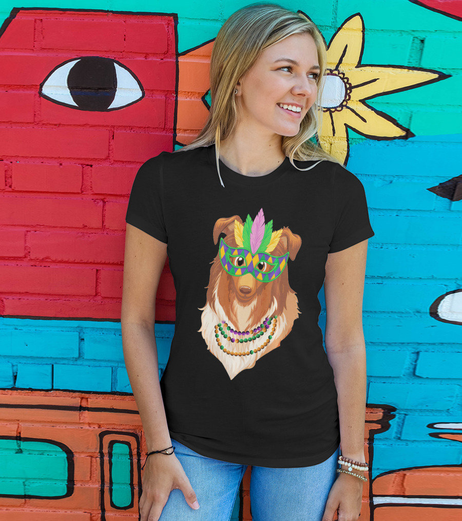 Collie Wearing Mardi Gras Mask And Beads T-Shirt