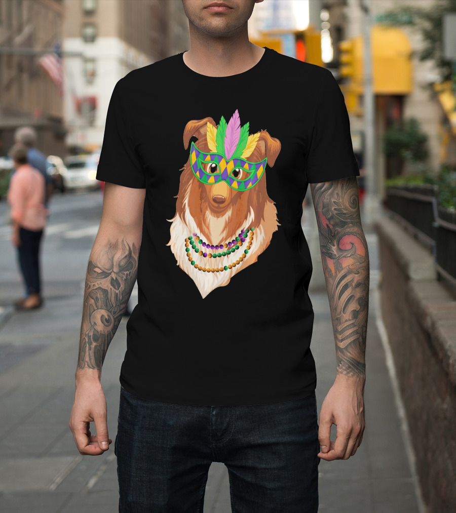 Collie Wearing Mardi Gras Mask And Beads T-Shirt