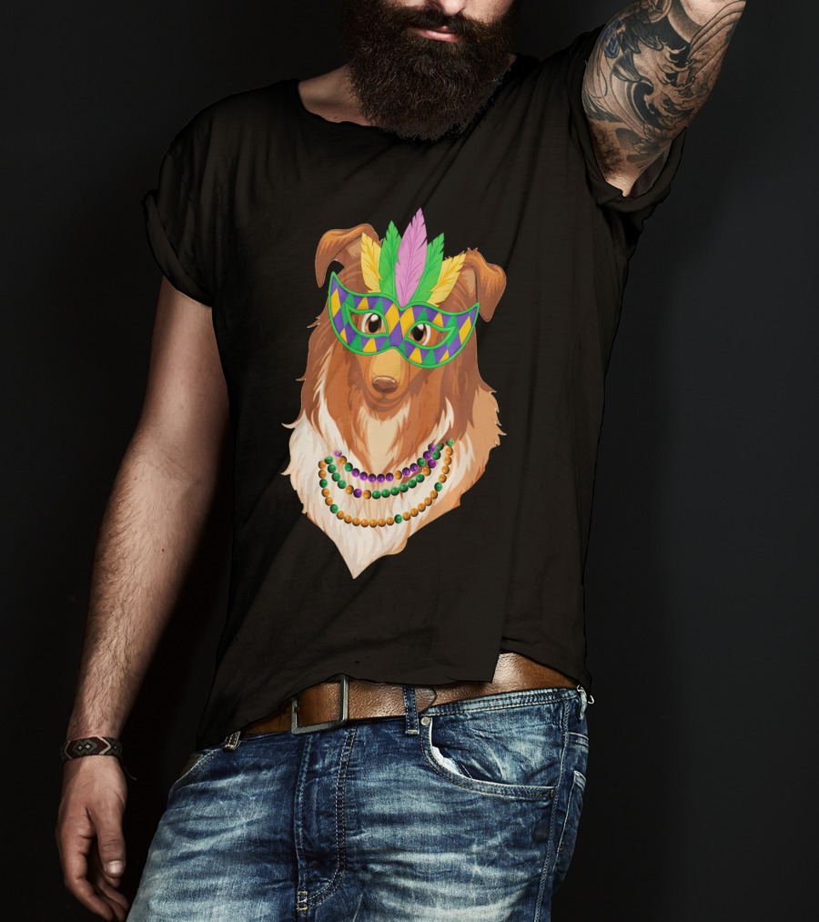 Collie Wearing Mardi Gras Mask And Beads T-Shirt
