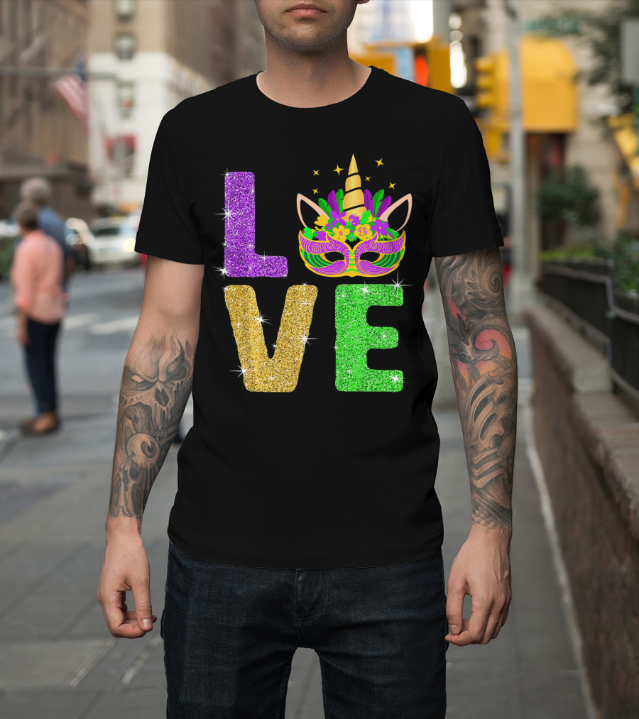 Unicorn Masquerade Mask Mardi Gras Love T-Shirt