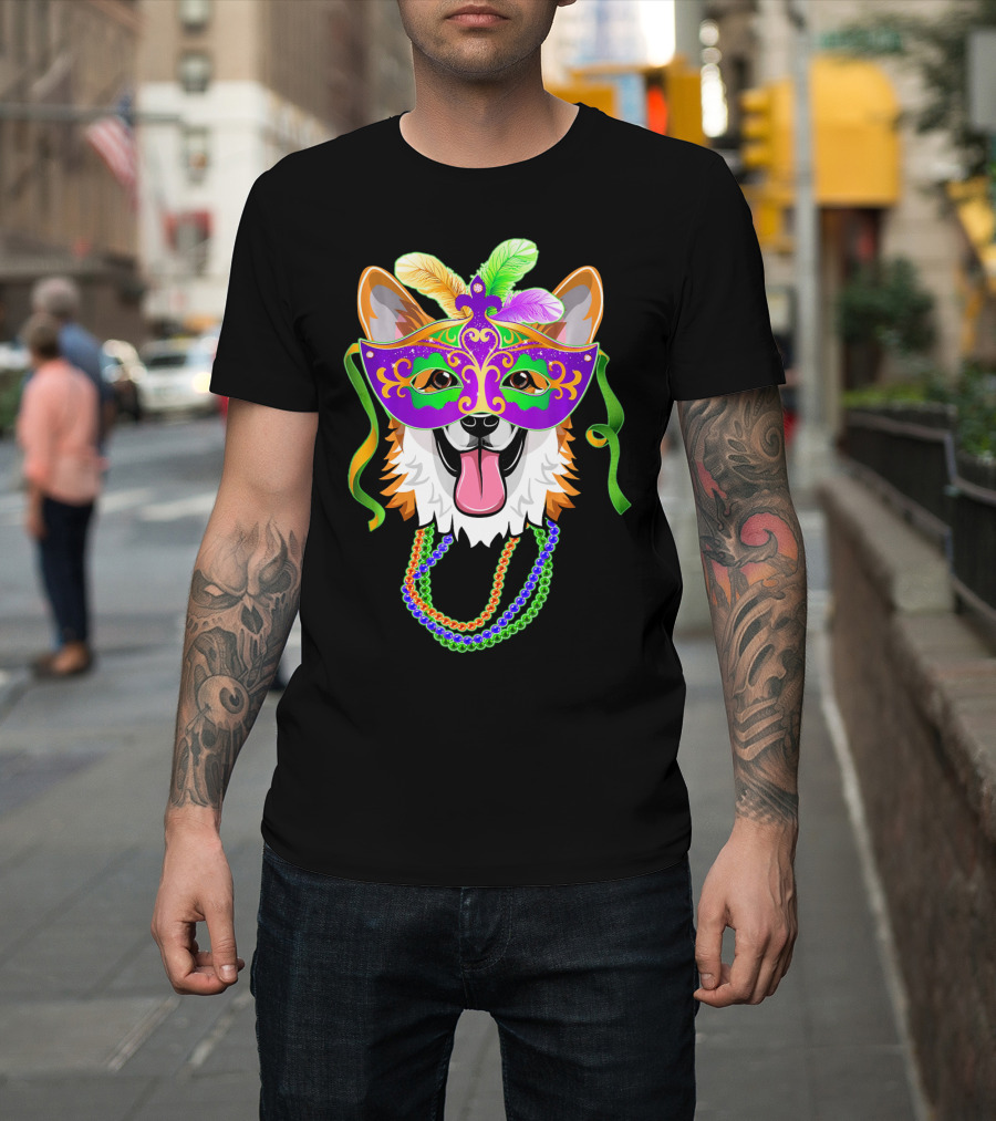 Mardi Gras Corgi Mask With Colorful Beads And Feathers T-Shirt