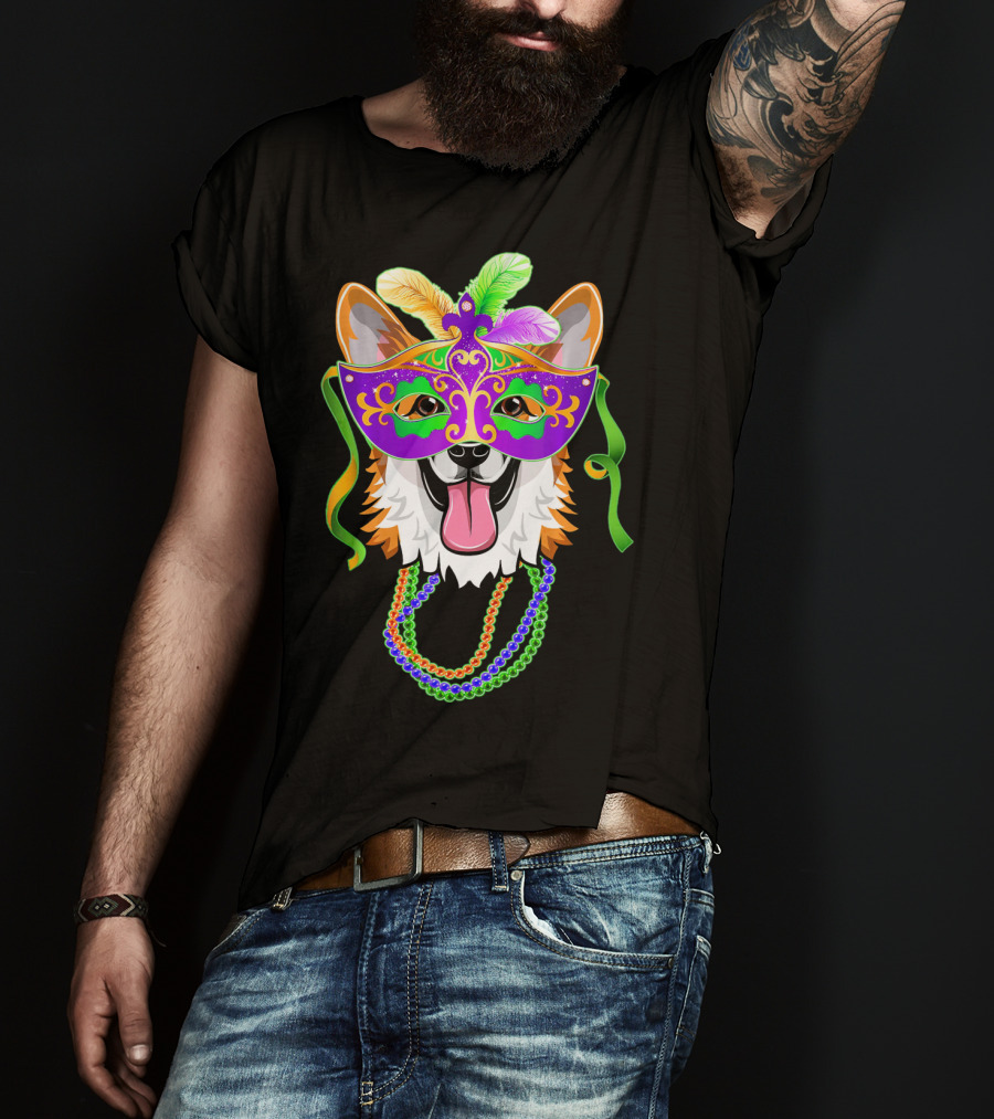 Mardi Gras Corgi Mask With Colorful Beads And Feathers T-Shirt