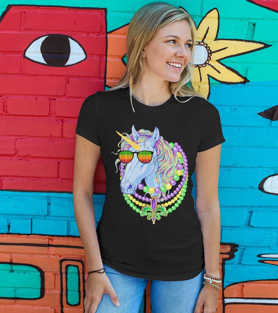 Unicorn With Sunglasses And Colorful Beads Featuring Fleur-de-Lis For Mardi Gras T-Shirt