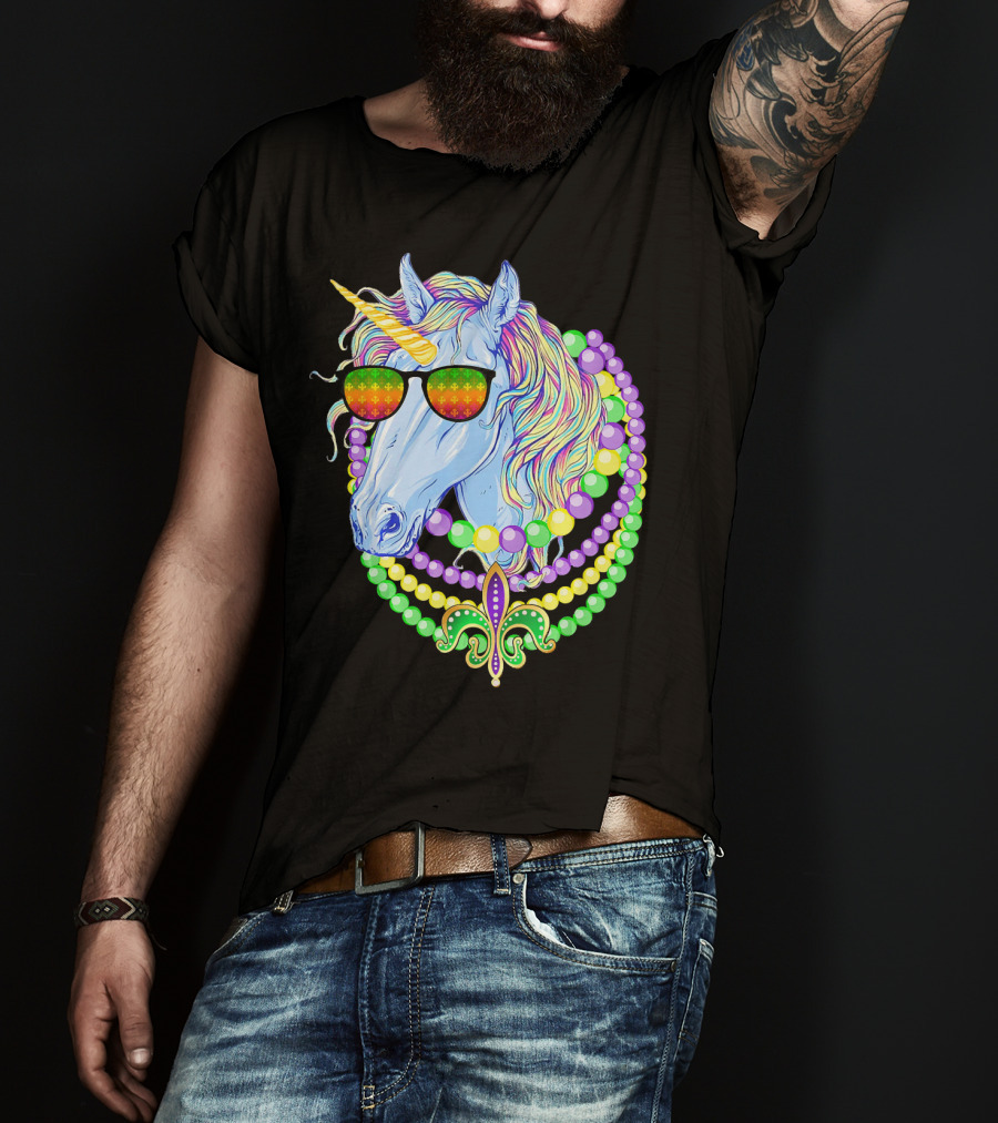 Unicorn With Sunglasses And Colorful Beads Featuring Fleur-de-Lis For Mardi Gras T-Shirt