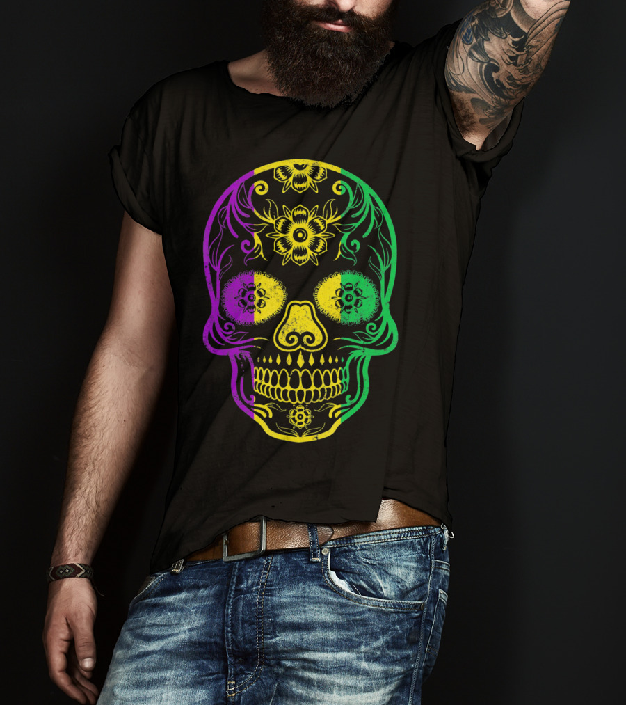 Mardi Gras Skull In Vibrant Purple Green And Yellow Fat Tuesday Colors T-Shirt