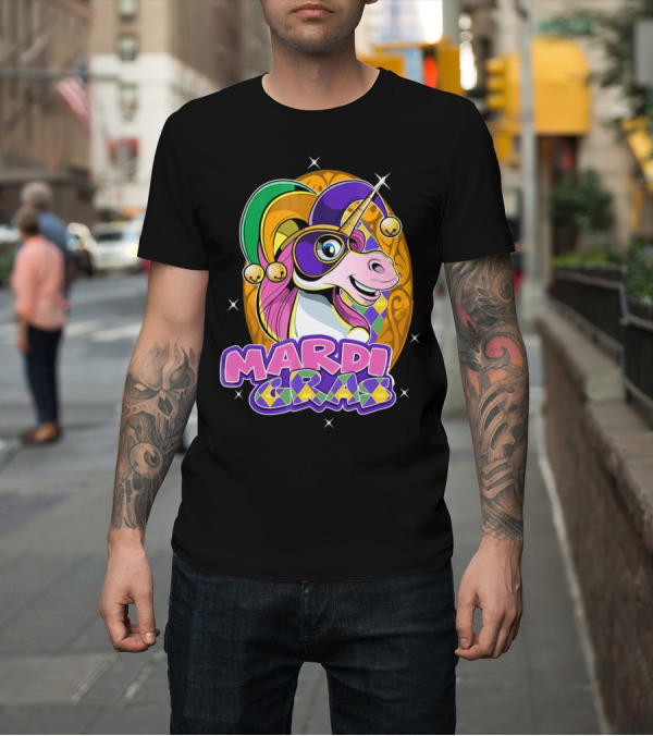 Shirt: Mardi Gras Unicorn with Jester Hat and Masquerade Mask T-Shirt Mardi Gras Unicorn with Jester Hat and Masquerade Mask T-Shirt