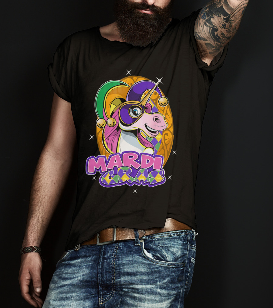 Mardi Gras Unicorn With Jester Hat And Masquerade Mask T-Shirt