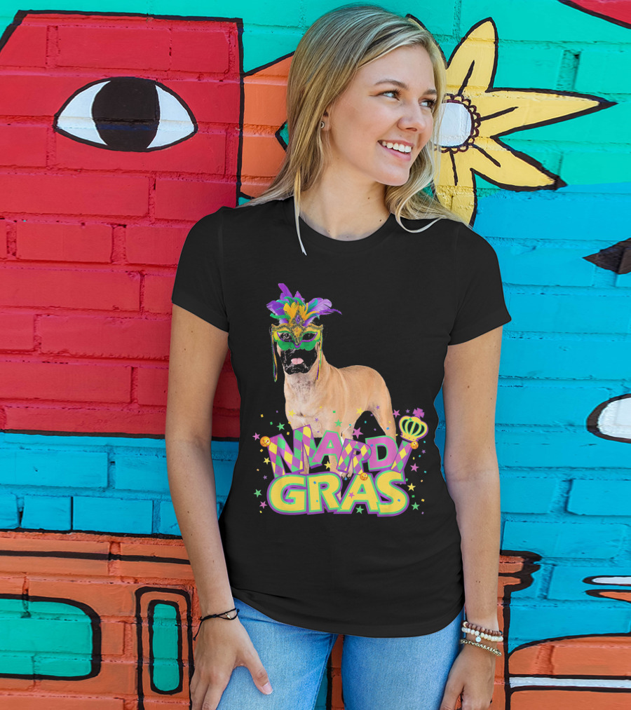 Mardi Gras Bullmastiff Mask Feathers Stars T-Shirt