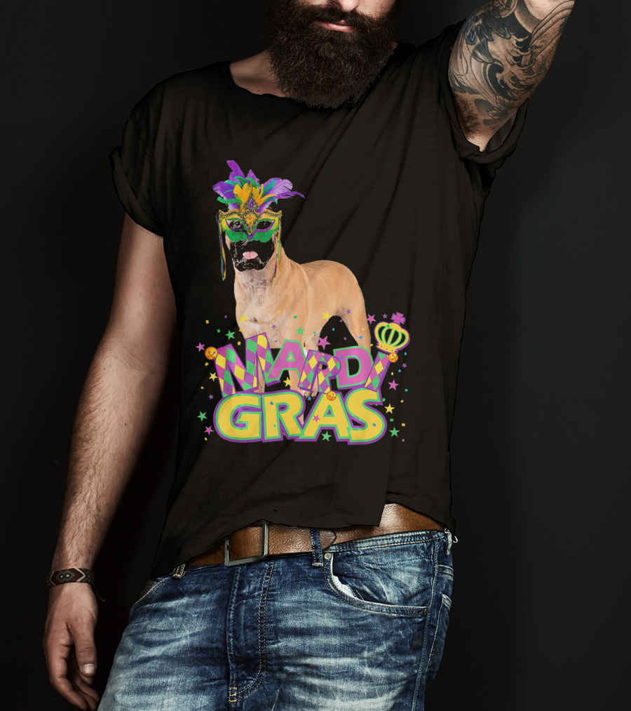 Mardi Gras Bullmastiff Mask Feathers Stars T-Shirt