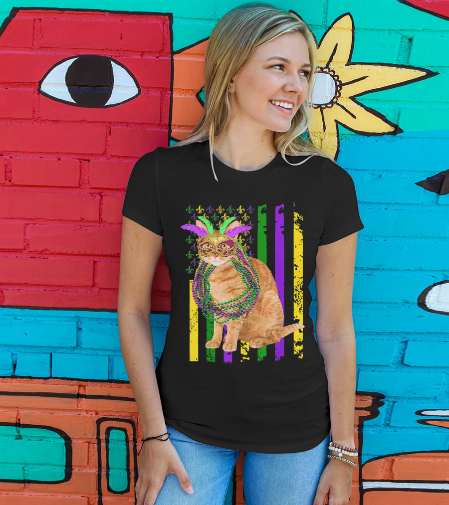 Mardi Gras Cat With Beads And Mask On Fleur-de-Lis American Flag Background T-Shirt