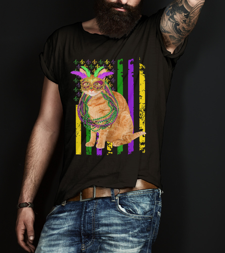 Mardi Gras Cat With Beads And Mask On Fleur-de-Lis American Flag Background T-Shirt