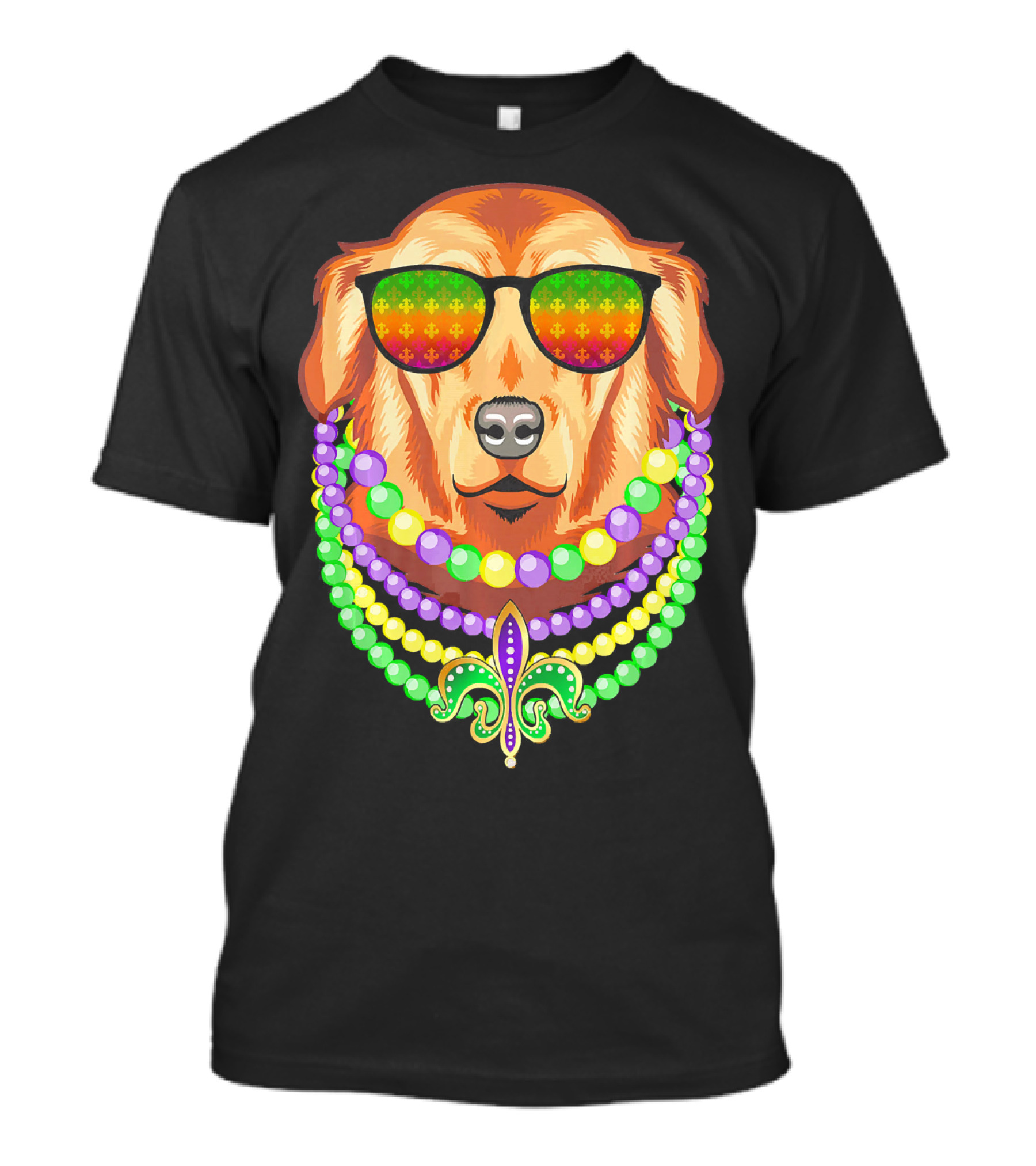 Beads And Golden Retriever Mardi Gras Fleur-de-Lis Colorful Glam Co T-Shirt