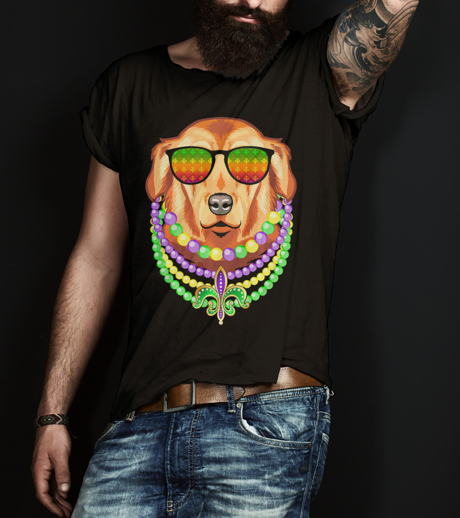 Beads And Golden Retriever Mardi Gras Fleur-de-Lis Colorful Glam Co T-Shirt