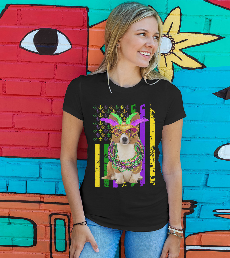 Corgi Mardi Gras American Flag With Beads And Mask T-Shirt