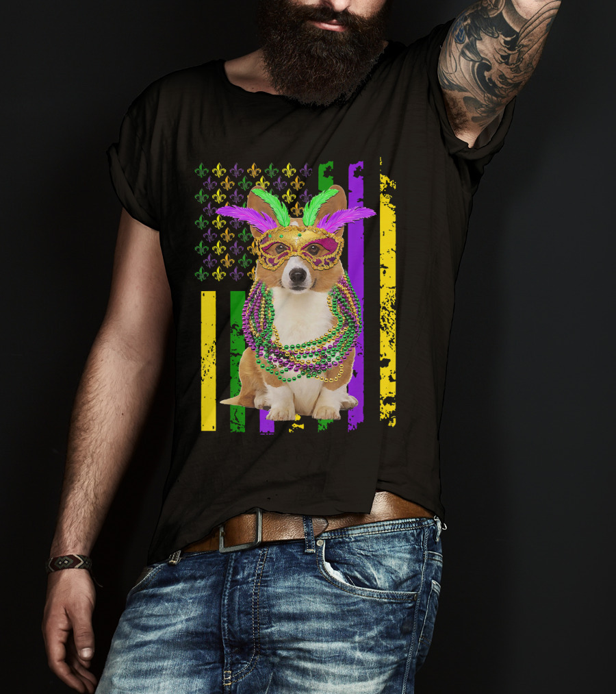 Corgi Mardi Gras American Flag With Beads And Mask T-Shirt