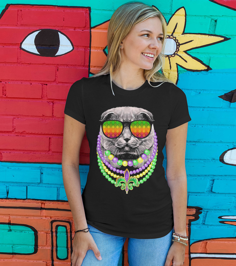 Mardi Gras Cat In Sunglasses With Beads And Fleur-de-Lis T-Shirt
