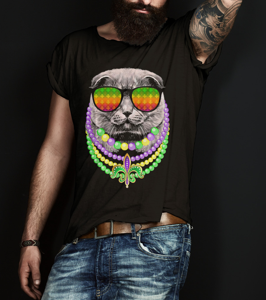 Mardi Gras Cat In Sunglasses With Beads And Fleur-de-Lis T-Shirt