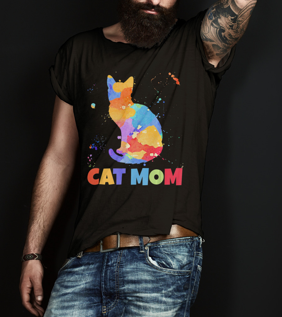 CAT MOM Colorful Watercolor Silhouette With Splash T-Shirt