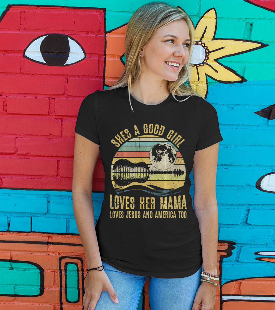 She's A Good Girl Loves Her Mama Loves Jesus And America Too Retro Acoustic Guitar Moon T-Shirt