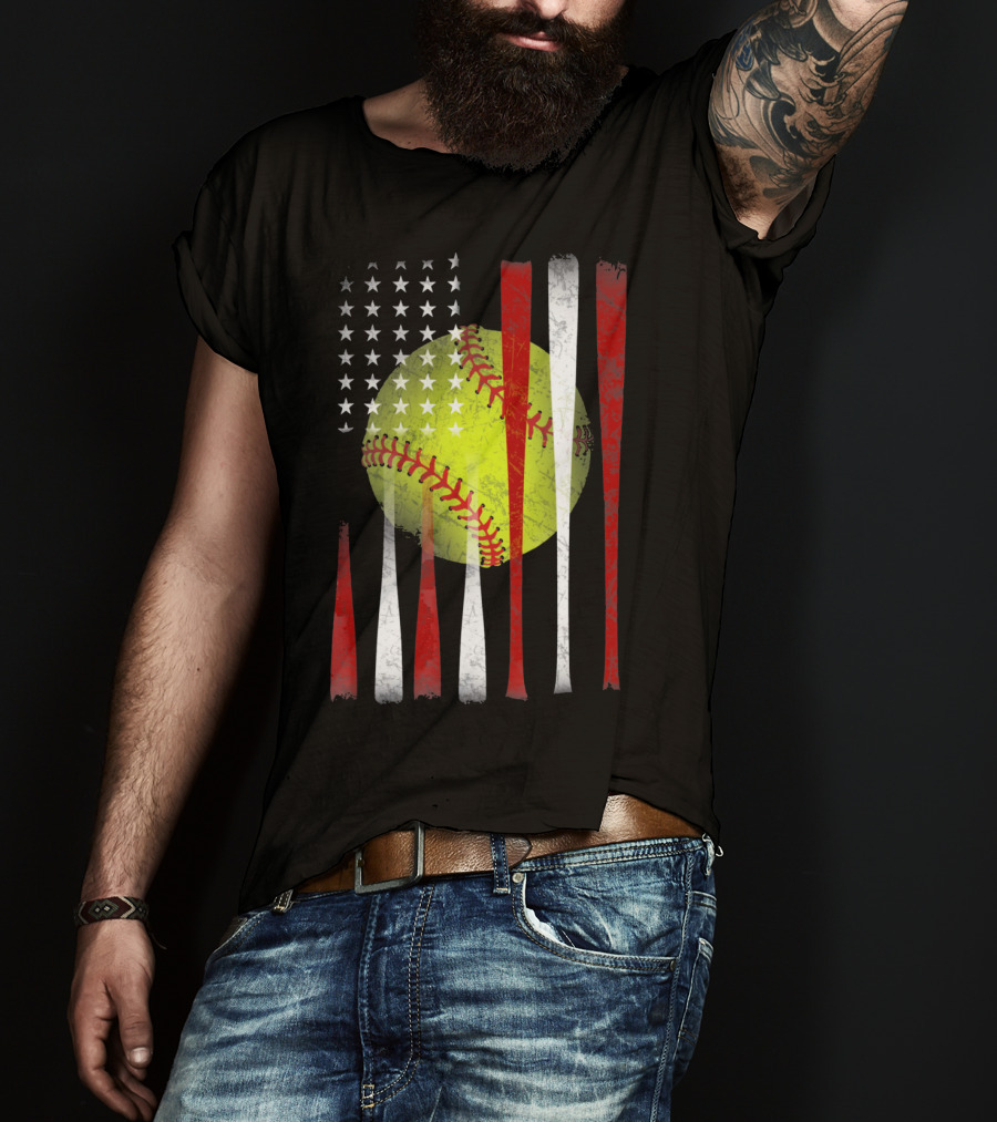 American Flag Vintage Softball Bats Stars Baseball T-Shirt