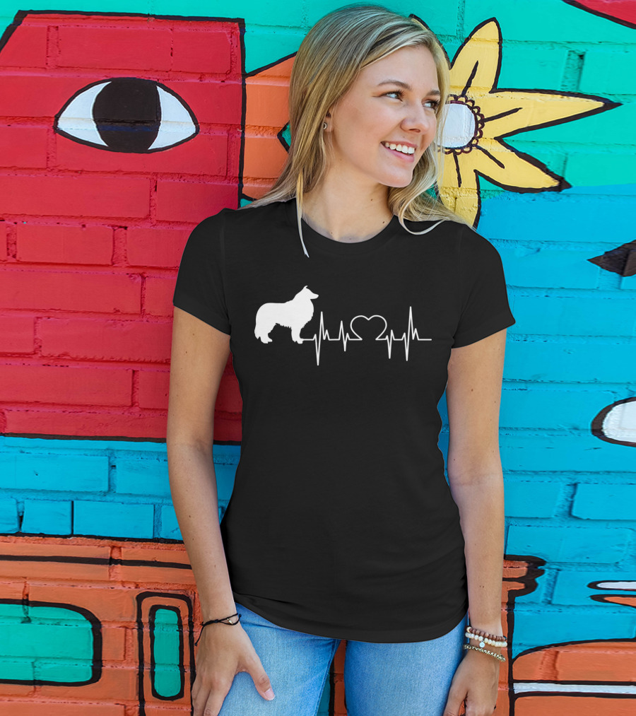 Rough Collie Dad Heartbeat With Heart Outline T-Shirt