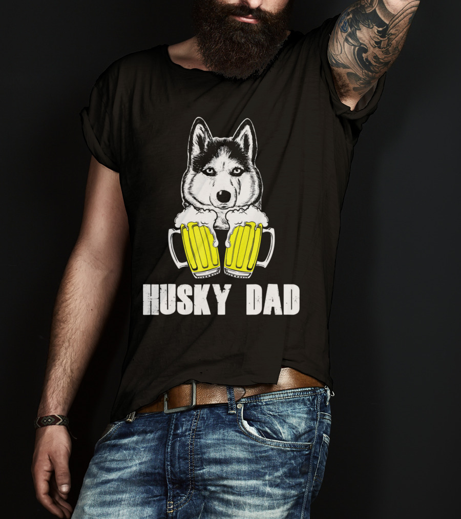 Husky Dad Funny Beer Day With Yellow Beer Mugs T-Shirt