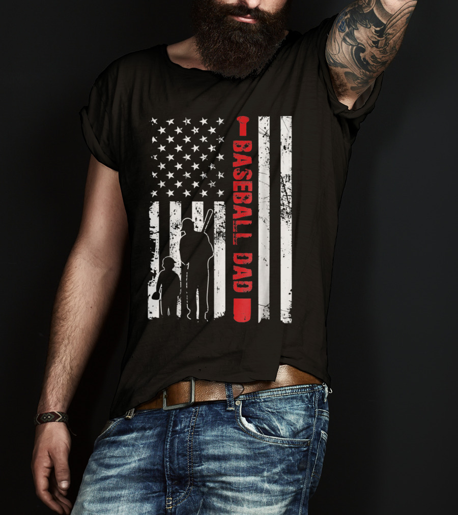Mens Proud Baseball Dad American Flag Vertical Silhouette And Stars T-Shirt