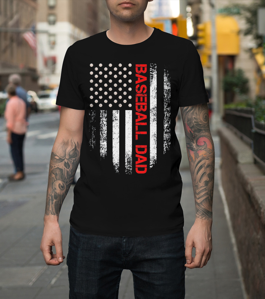 Baseball Dad Vintage USA American Flag Proud T-Shirt