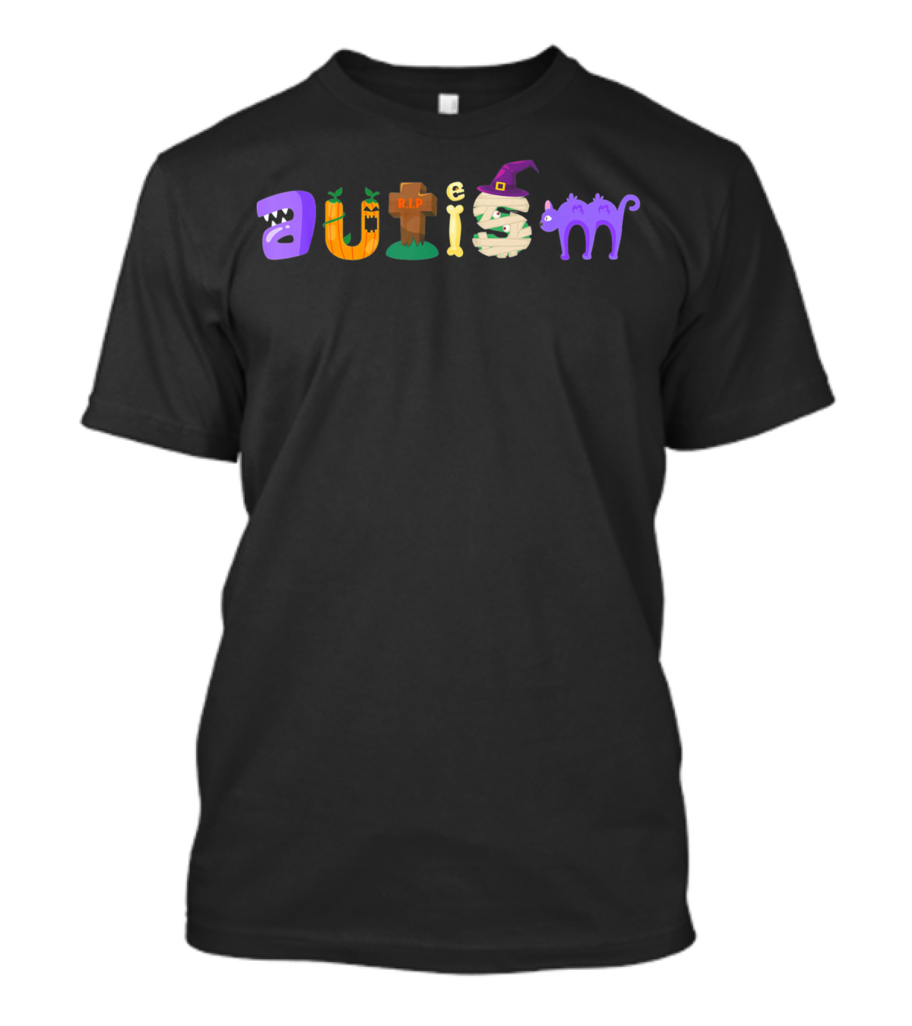Autism Awareness Halloween Pumpkin Cat Witch Tombstone Bone T-Shirt