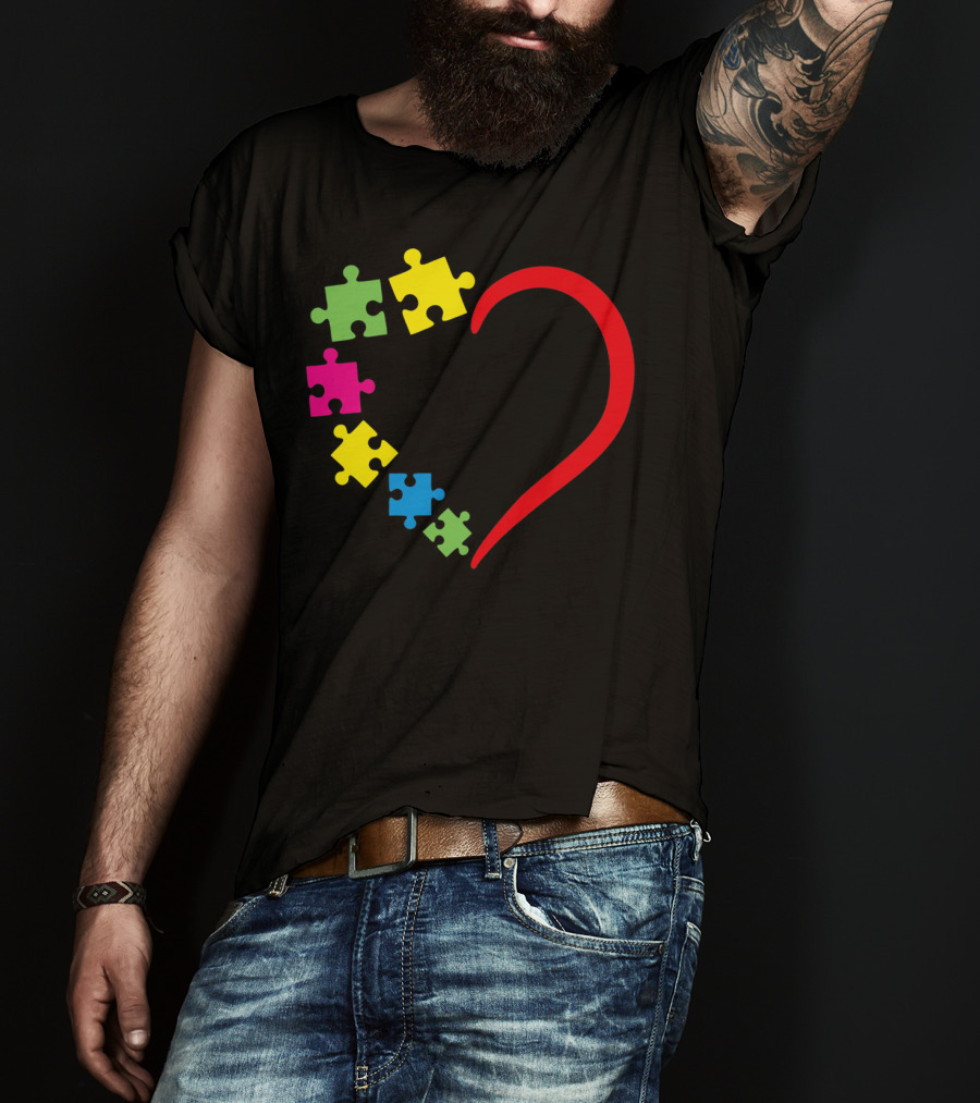 Love Ribbon Heart Puzzle Autism Awareness T-Shirt