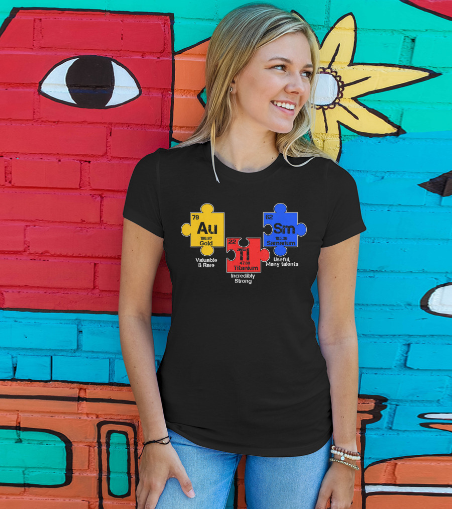 Autism Awareness Day Puzzle Chemical Elements Au Gold Ti Titanium Sm Samarium T-Shirt