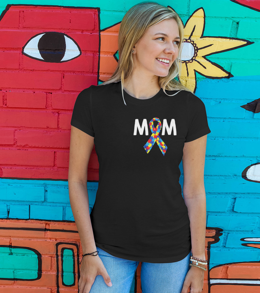 MOM Autism Puzzle Ribbon Awareness T-Shirt