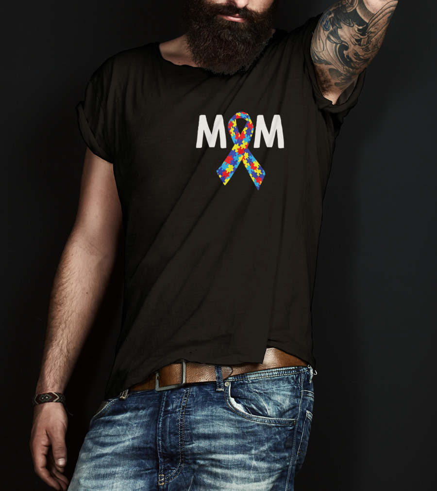 MOM Autism Puzzle Ribbon Awareness T-Shirt