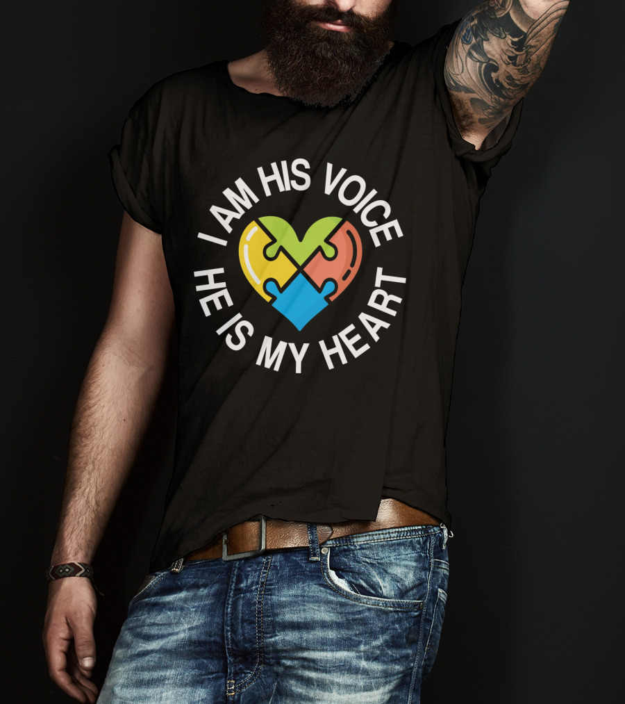 I Am His Voice He Is My Heart Autism Awareness Heart Puzzle T-Shirt