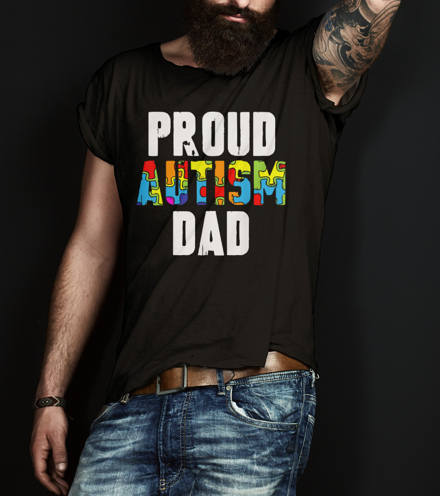Proud Autism Dad Colorful Puzzle Piece Autism Awareness T-Shirt