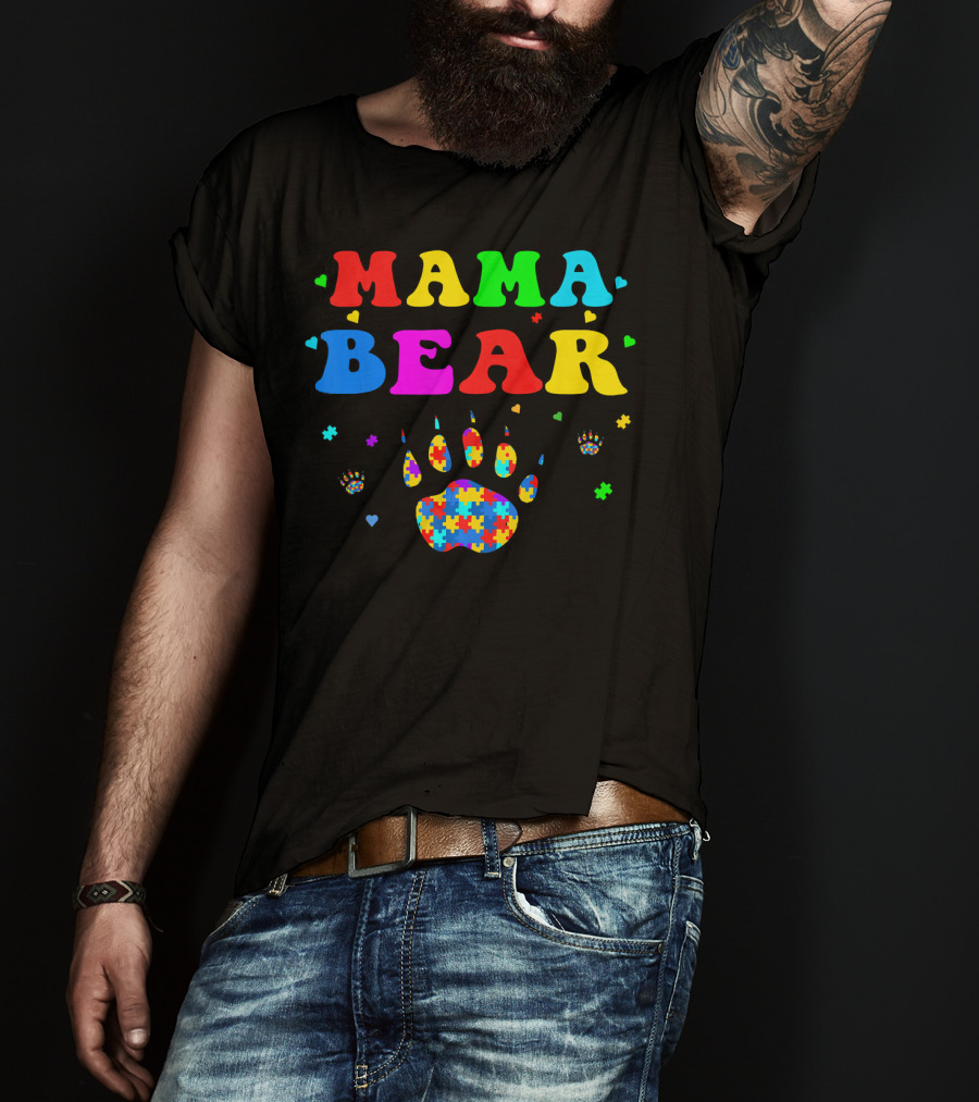 Mama Bear Autism Awareness Paw Puzzle Pieces T-Shirt