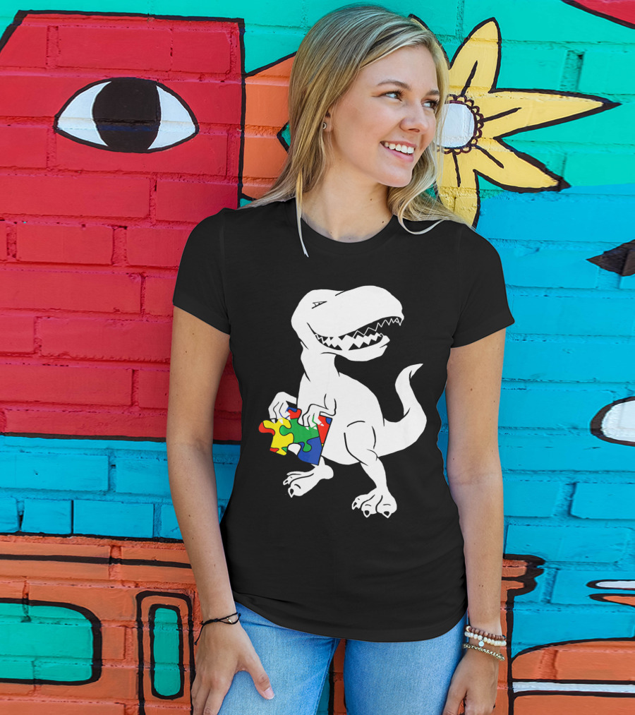 Dinosaur Holding Autism Puzzle Piece Awareness For Tyra T-Shirt