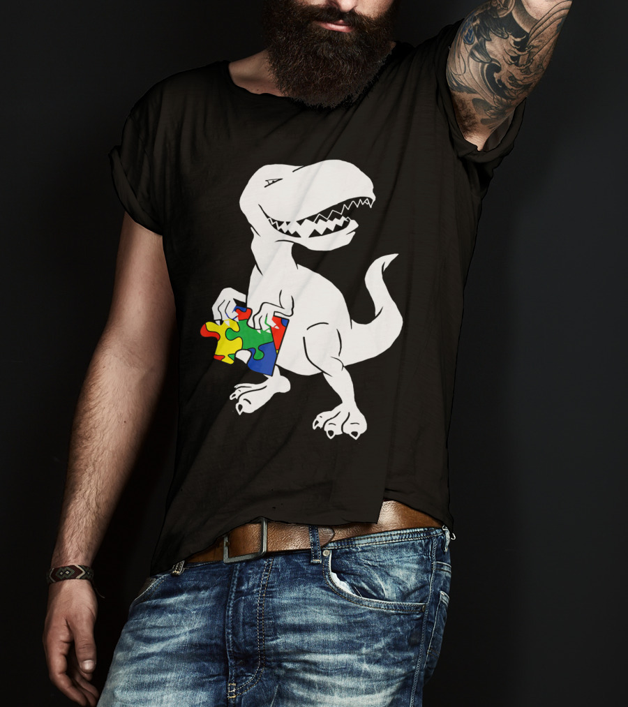Dinosaur Holding Autism Puzzle Piece Awareness For Tyra T-Shirt
