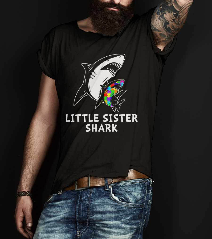 Little Sister Shark Autism Puzzle Awareness T-Shirt