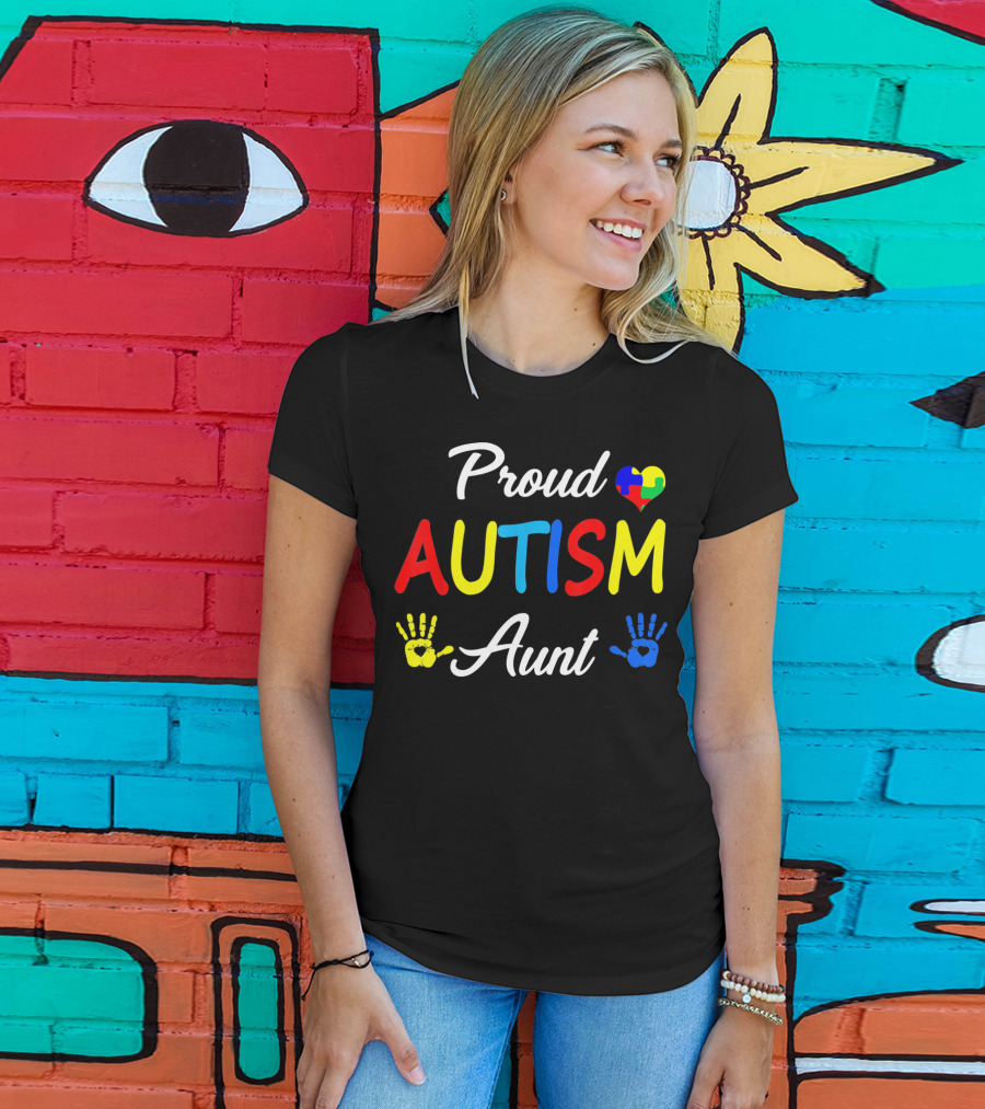 Proud Aunt Autism Awareness Family Handprint Heart Puzzle T-Shirt