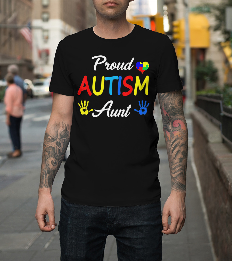 Proud Aunt Autism Awareness Family Handprint Heart Puzzle T-Shirt