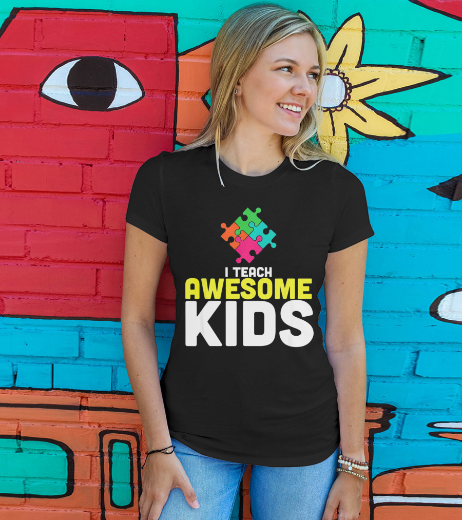 I Teach Awesome Kids Autism Awareness Teacher Puzzle T-Shirt